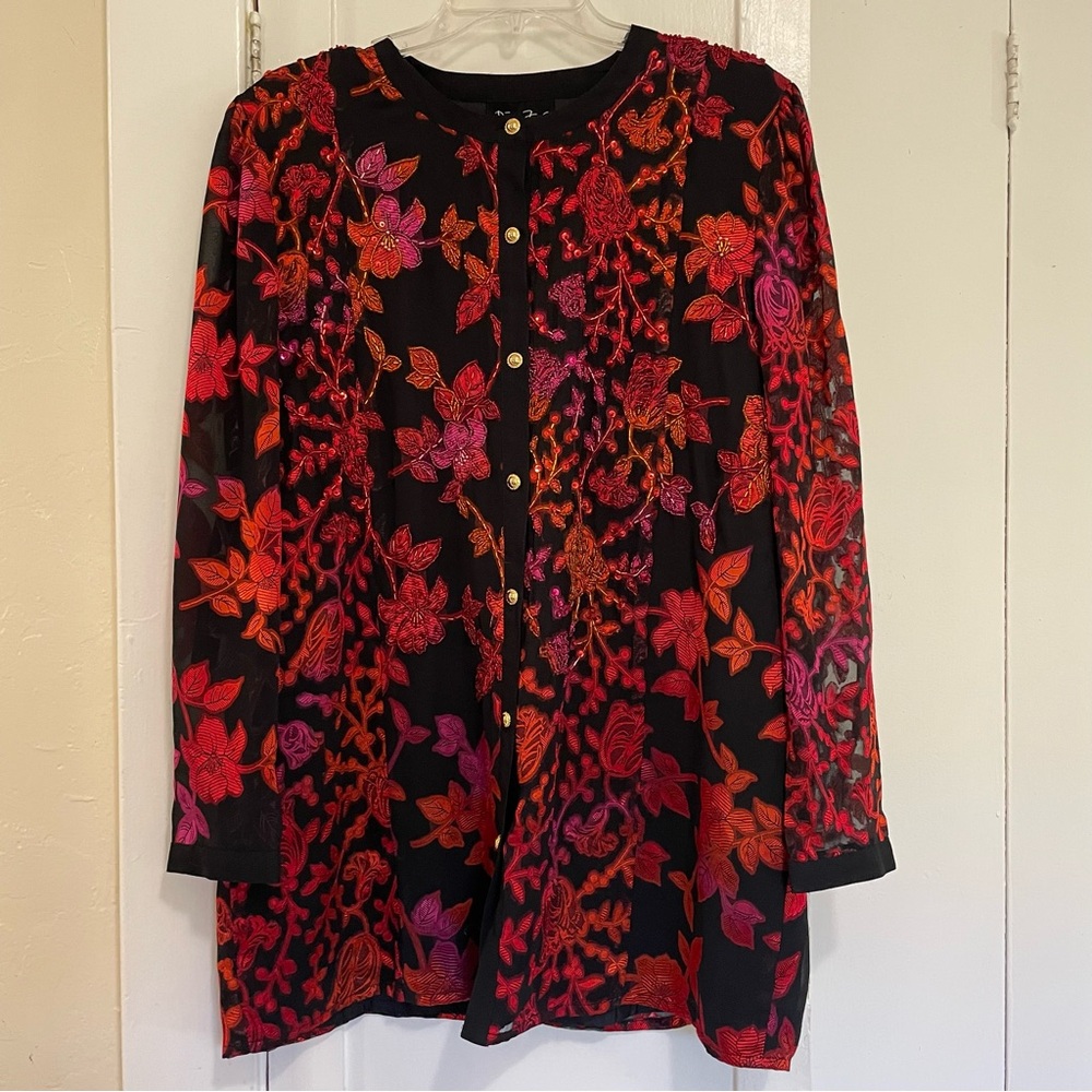 Diane Freis beaded jacket blouse red pink black size large